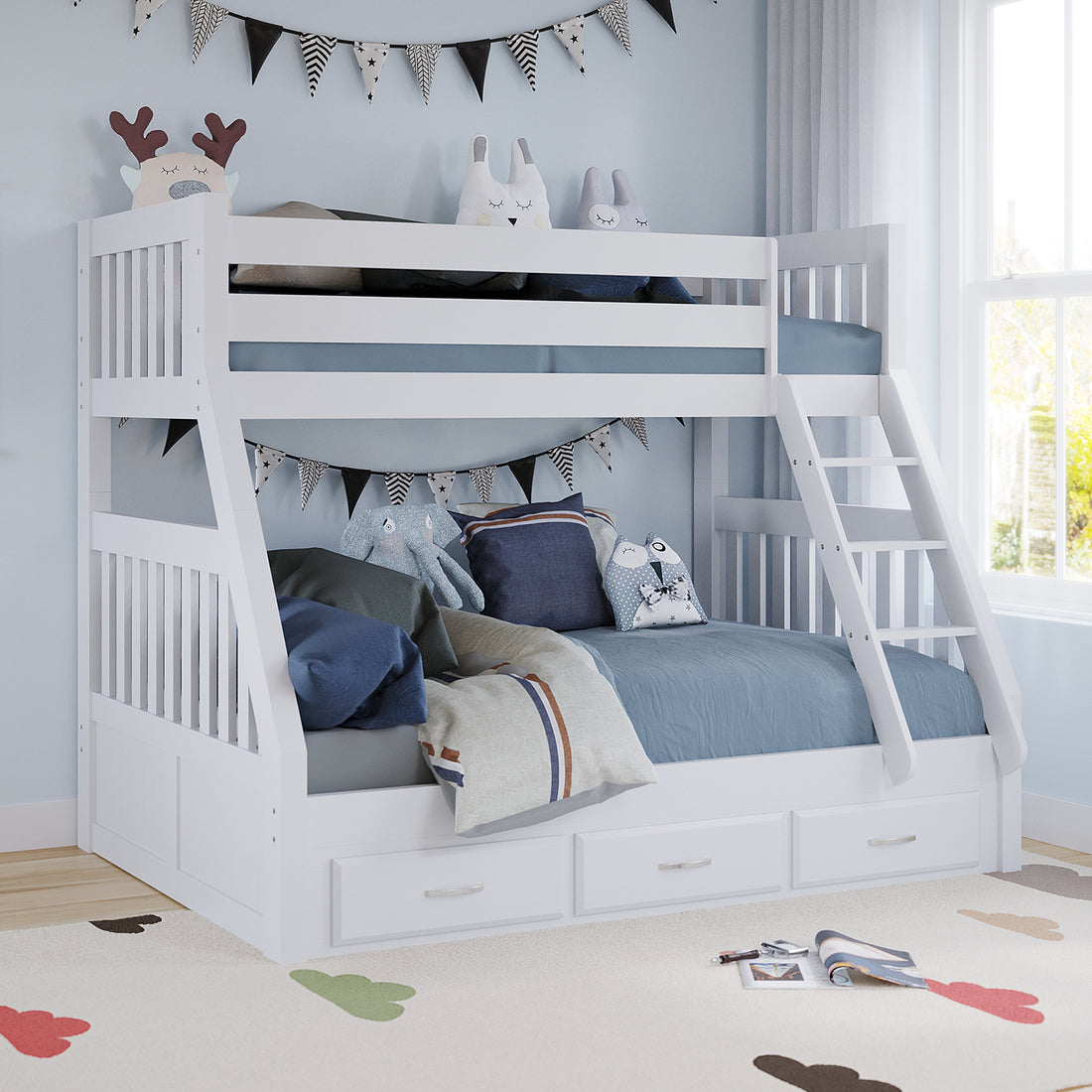 Cornelia Storage Triple Bunk Bed - White Solid Wood shown with full-length guard rails, solid wood ladder, and three under-bed drawers, highlighting its space-efficient, child-safe design and practical storage options.