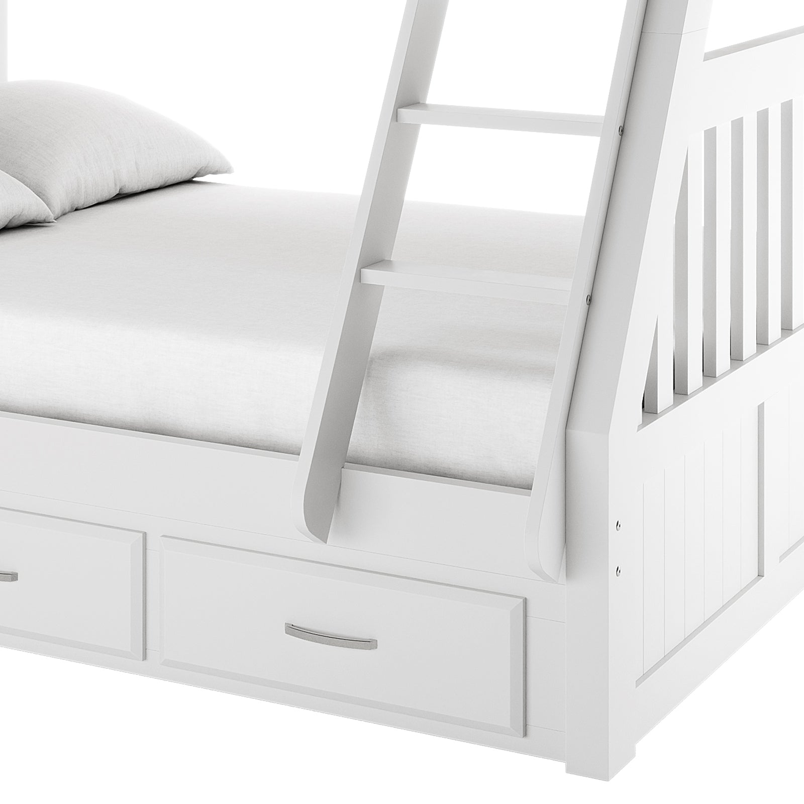 Close-up of the Cornelia Storage Triple Bunk Bed - White Solid Wood, showcasing the smooth finish and integrated storage drawers, highlighting the bed's functional design and sturdy pine construction.