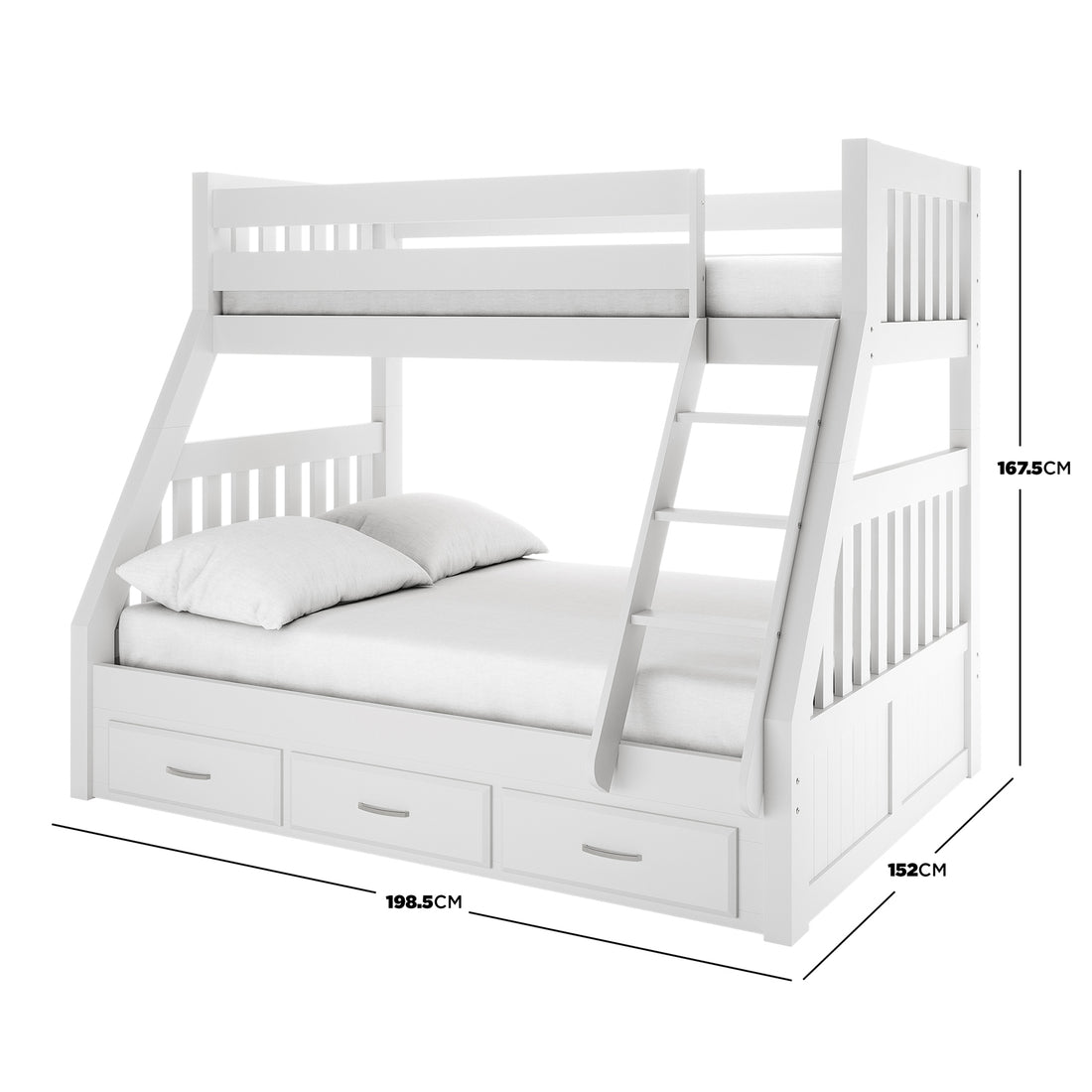 Cornelia Storage Triple Bunk Bed - White Solid Wood featuring a sleek white finish, sturdy ladder, full-length guard rails, and three under-bed drawers for storage; designed for space efficiency and safety.