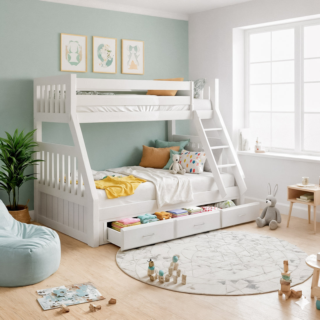 Cornelia Solid Wood Triple Bunk Bed (White) with Storage & Mattress Bundle features a white bunk bed with ladder, arranged with muted bedding, amidst a bright, playful children's room, showcasing functionality and elegance.