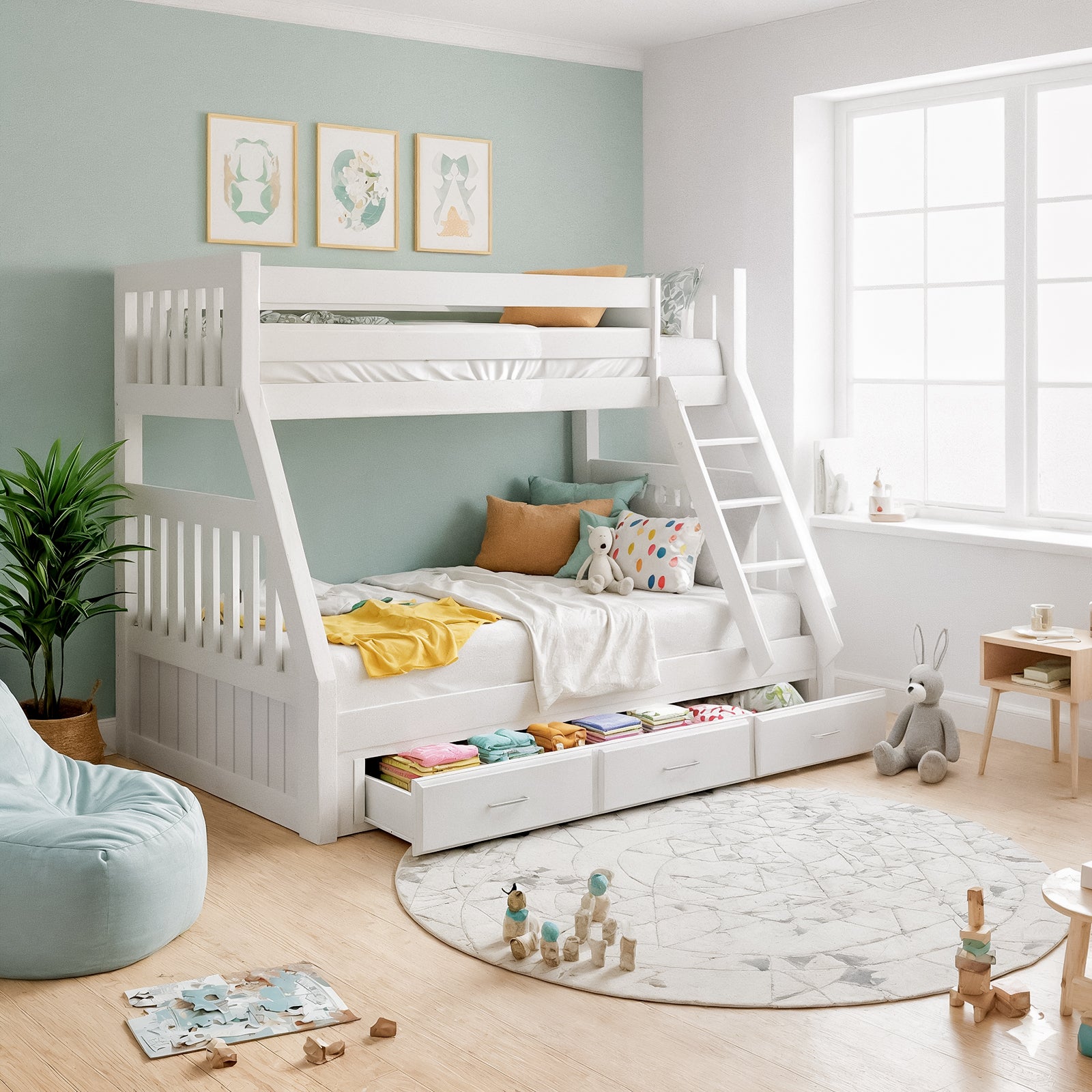 Cornelia Solid Wood Triple Bunk Bed (White) with Storage & Mattress Bundle features a white bunk bed with ladder, arranged with muted bedding, amidst a bright, playful children's room, showcasing functionality and elegance.