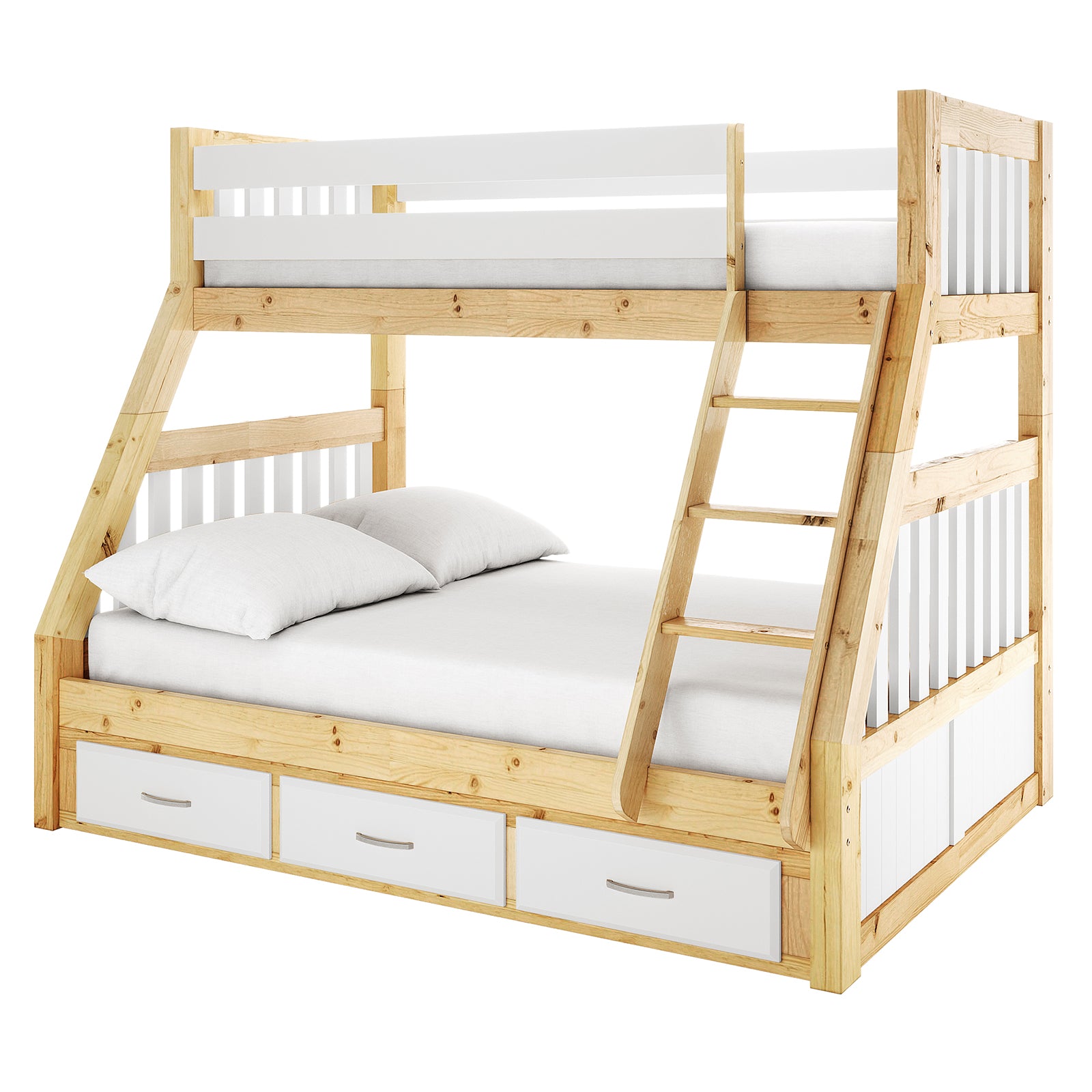 Cornelia Triple Bunk Bed with Storage - Solid Wood White Natural features a close-up of its sturdy wood frame and spacious storage drawers, highlighting its practical design for maximizing bedroom space.