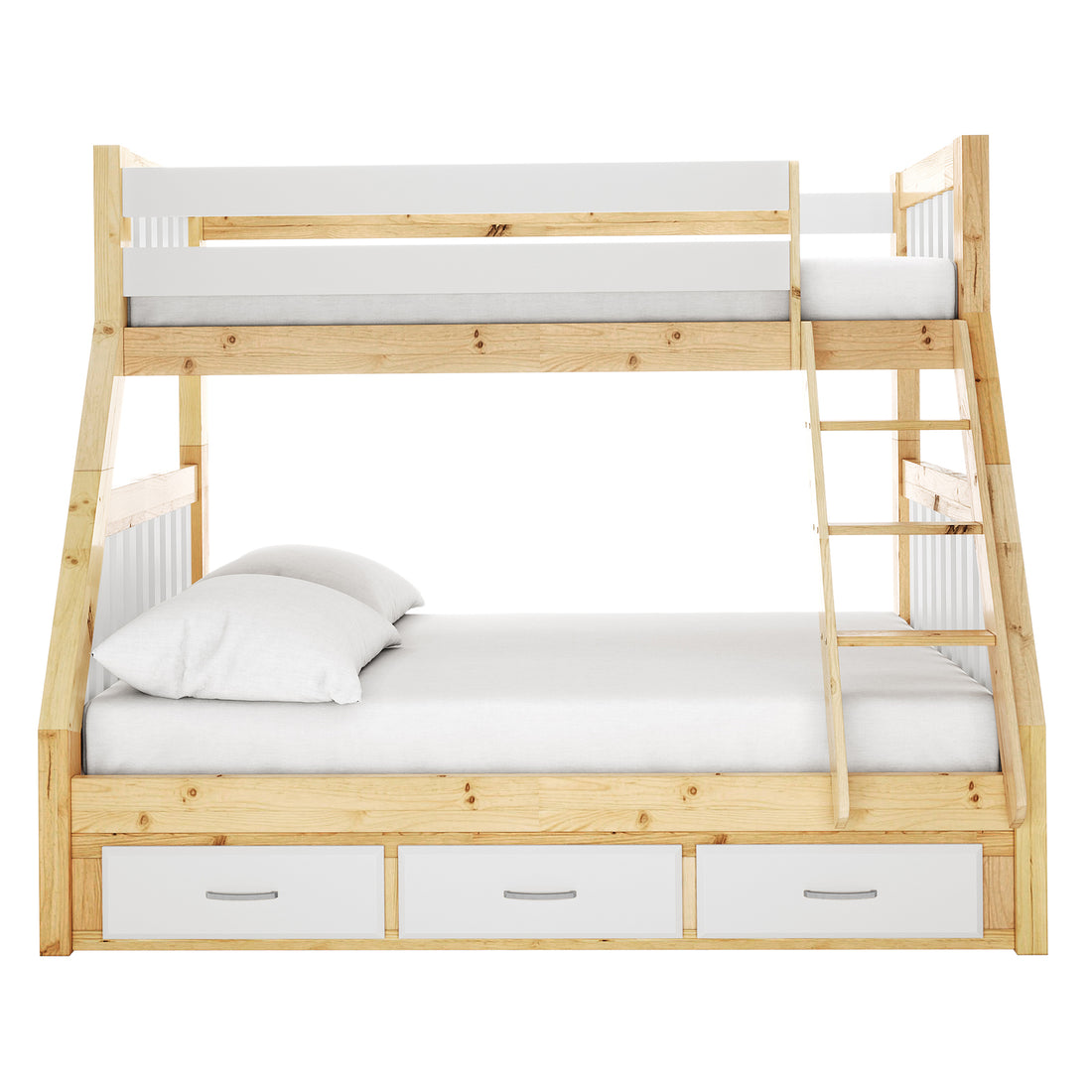 Cornelia Triple Bunk Bed with Storage features a solid wood frame with integrated drawers beneath, showcasing a sturdy single over double design ideal for maximizing space in shared bedrooms.
