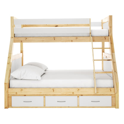 Cornelia Triple Bunk Bed with Storage features a solid wood frame with integrated drawers beneath, showcasing a sturdy single over double design ideal for maximizing space in shared bedrooms.