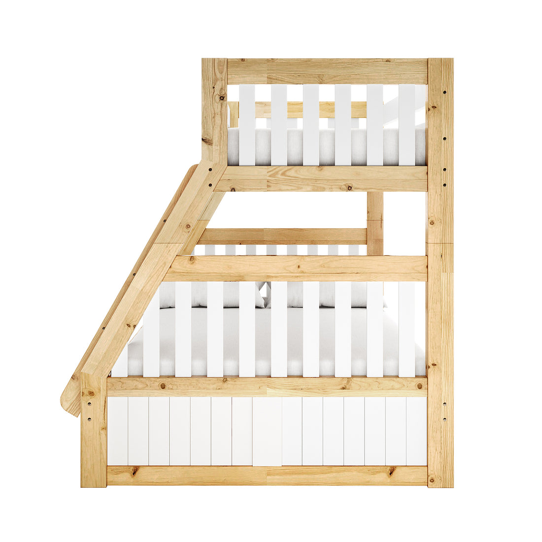 Cornelia Triple Bunk Bed with Storage - Solid Wood White Natural features a single over double bunk with visible under-bed storage drawers, solid wood ladder, and full-length guard rails for safety.