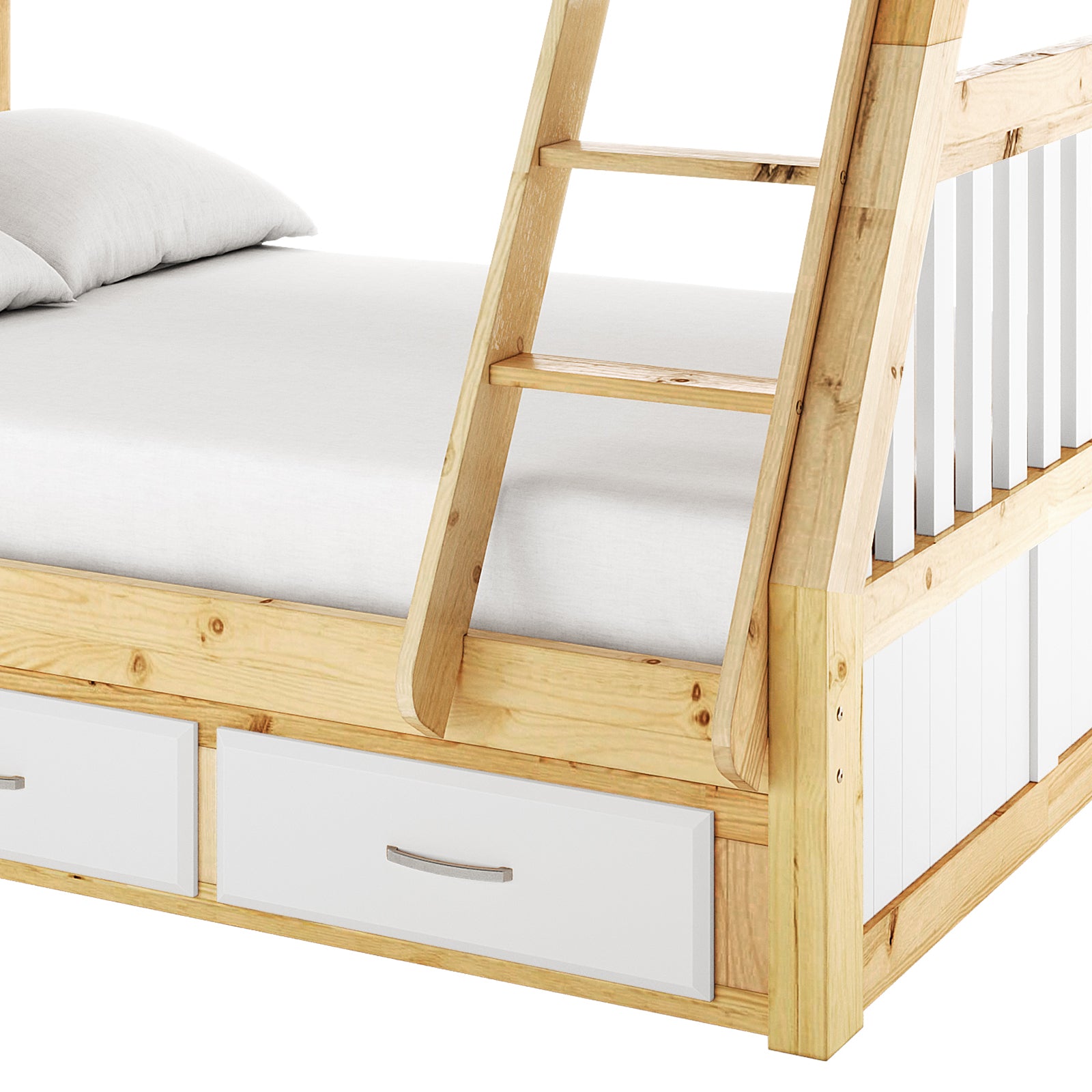 Cornelia Triple Bunk Bed with Storage - Solid Wood White Natural, featuring a sturdy wooden ladder, spacious under-bed drawers, and solid guard rails, designed for functional and safe multi-sleeper arrangements.