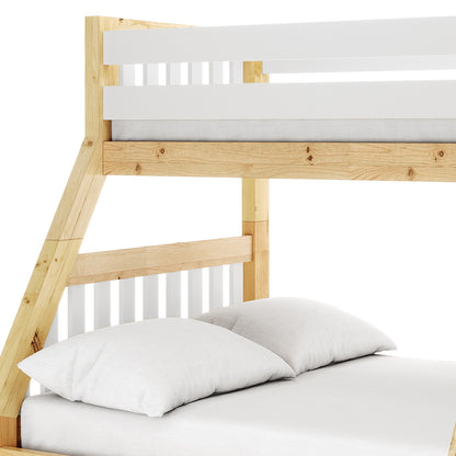 Close-up of the Cornelia Triple Bunk Bed with Storage - Solid Wood White Natural, showcasing the sturdy design and storage drawers underneath, suitable for maximizing space in shared or guest rooms.