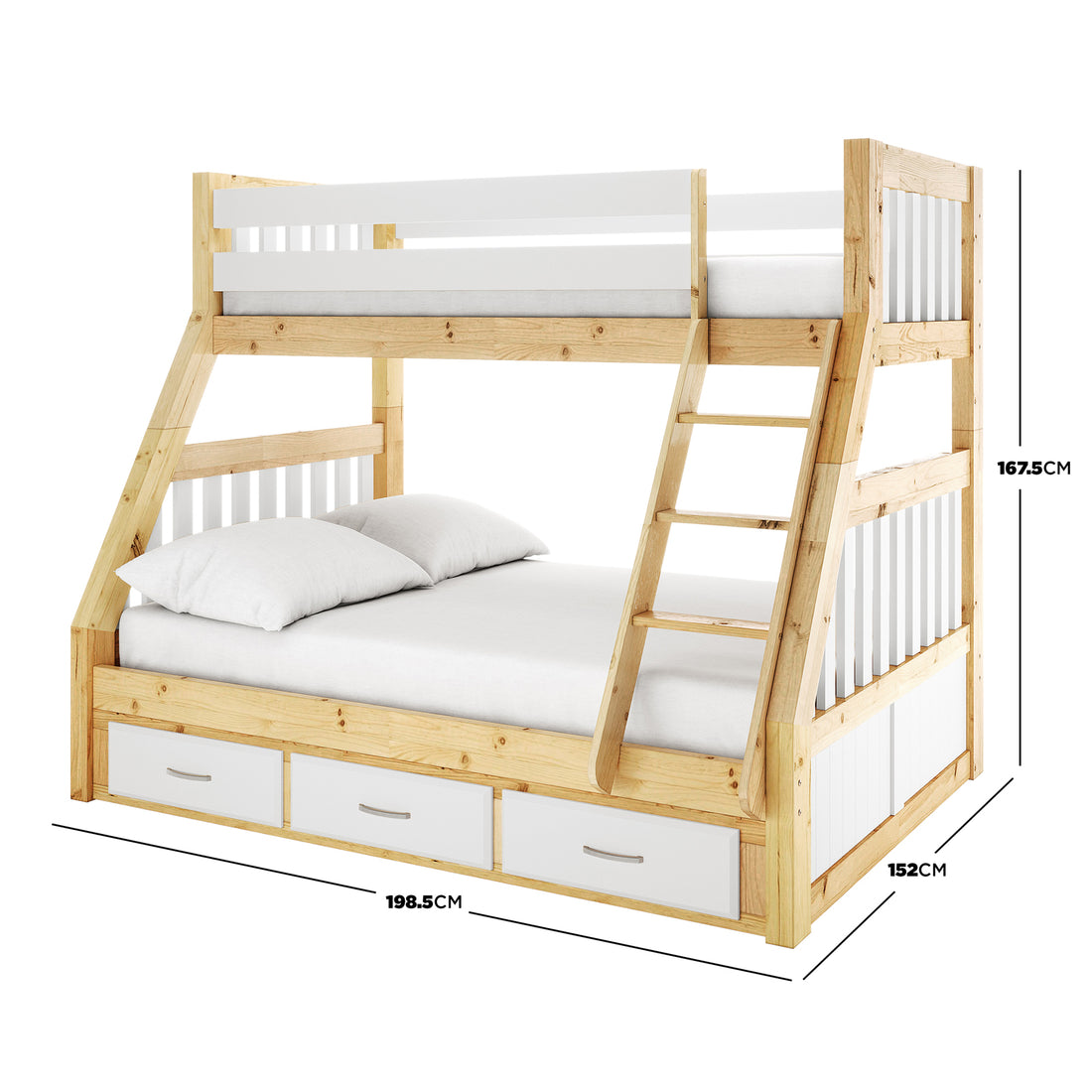 Close-up of Cornelia Triple Bunk Bed with Storage - Solid Wood White Natural, highlighting a white drawer with a silver handle, showcasing the bed's integrated storage solution.