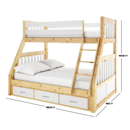 Close-up of Cornelia Triple Bunk Bed with Storage - Solid Wood White Natural, highlighting a white drawer with a silver handle, showcasing the bed's integrated storage solution.
