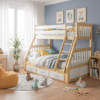 Cornelia Solid Wood Bunk Bed with Storage in White & Natural, featuring a sturdy single over double design, built-in drawers, a solid ladder, and cozy accent pillows, creating a functional and inviting children's space.