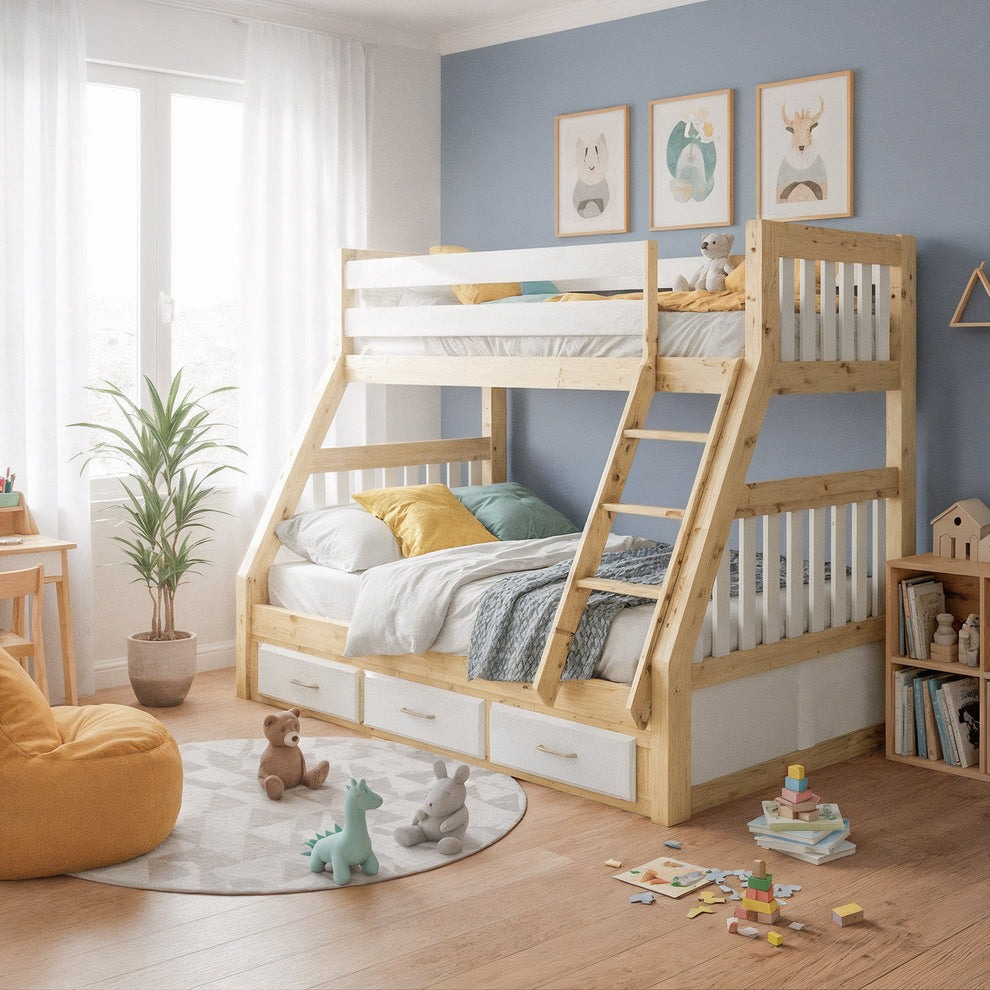 Cornelia Solid Wood Bunk Bed with Storage in White & Natural
