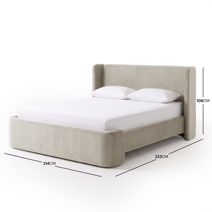 Upholstered bed on white background with width, depth, and headboard height dimensions labeled