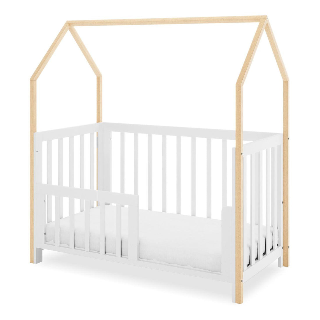 Damaris & Giro Solid Pine Baby Cot with Convertible Rail Set White features a house-shaped frame, white vertical slats, and natural-wood posts forming a roof outline, holding a thin mattress.