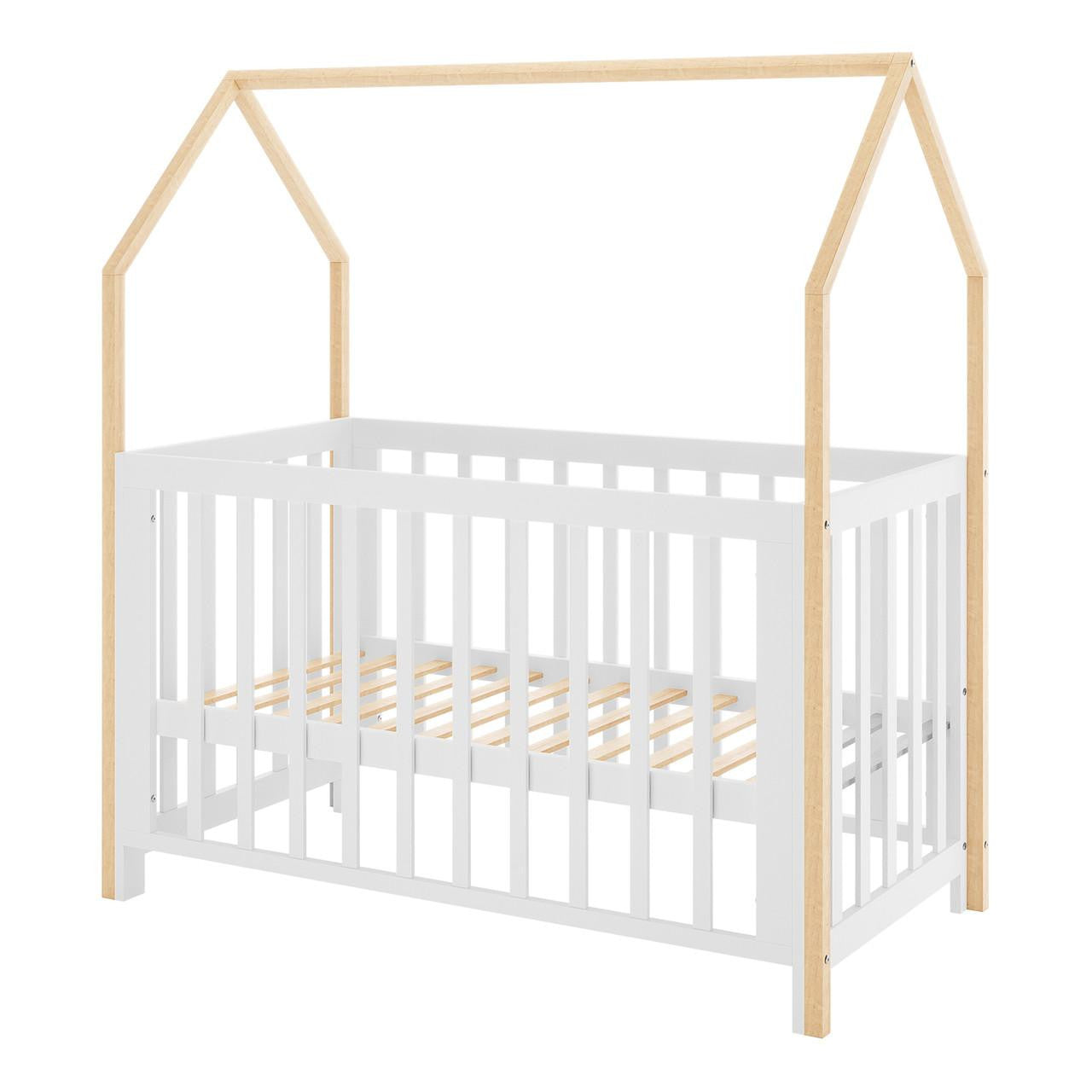 Damaris & Giro Solid Pine Baby Cot with Convertible Rail Set White features a white crib frame with natural-wood posts forming a house-shaped outline, showcasing its versatile and whimsical design.