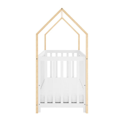 Damaris & Giro Solid Pine Baby Cot with Convertible Rail Set White features a house-shaped design, white crib frame, and natural-wood posts forming a pitched roof, ideal for nursery charm and adaptability.