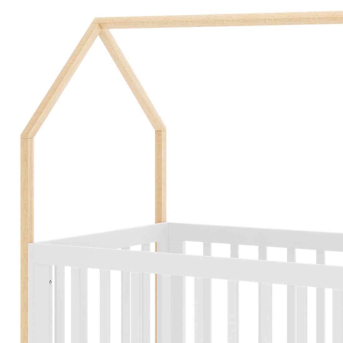 Damaris & Giro Solid Pine Baby Cot with Convertible Rail Set White featuring a house-shaped wooden canopy frame and white lower railings, highlighting its whimsical yet practical design for adaptable nursery use.