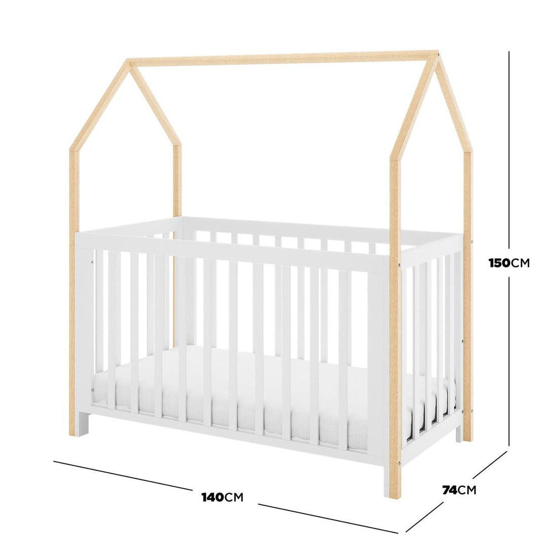 Damaris & Giro Solid Pine Baby Cot with Convertible Rail Set White features a house-style frame; white base and rails with natural-wood roof outline, dimensions 140x74x150 cm.