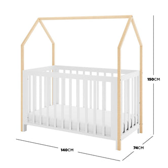 Damaris & Giro Solid Pine Baby Cot with Convertible Rail Set White features a house-style frame; white base and rails with natural-wood roof outline, dimensions 140x74x150 cm.