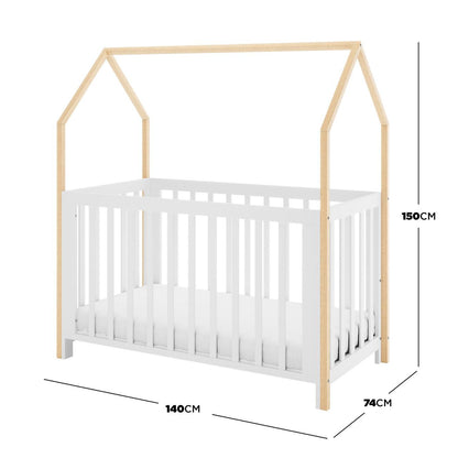 Damaris & Giro Solid Pine Baby Cot with Convertible Rail Set White features a house-style frame; white base and rails with natural-wood roof outline, dimensions 140x74x150 cm.