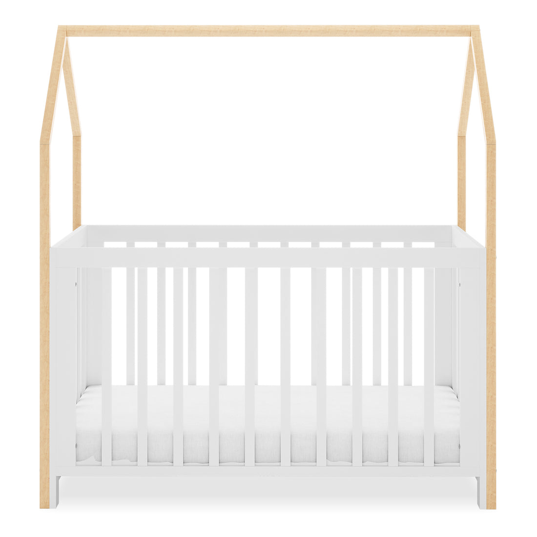 Damaris Solid Pine Baby Cot Bed - White/Natural features a house-shaped canopy frame with white vertical slats and light wood posts, blending style and functionality for a modern nursery.