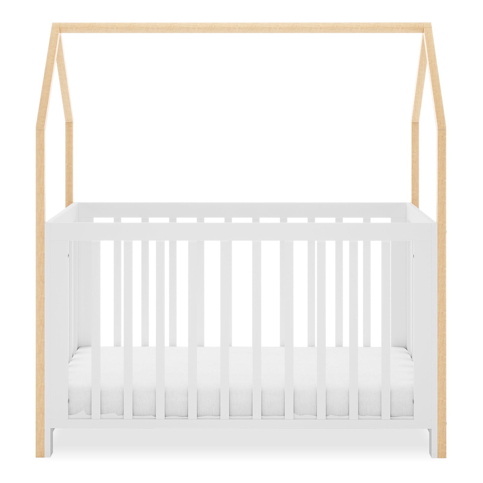 Damaris Solid Pine Baby Cot Bed - White/Natural features a house-shaped canopy frame with white vertical slats and light wood posts, blending style and functionality for a modern nursery.