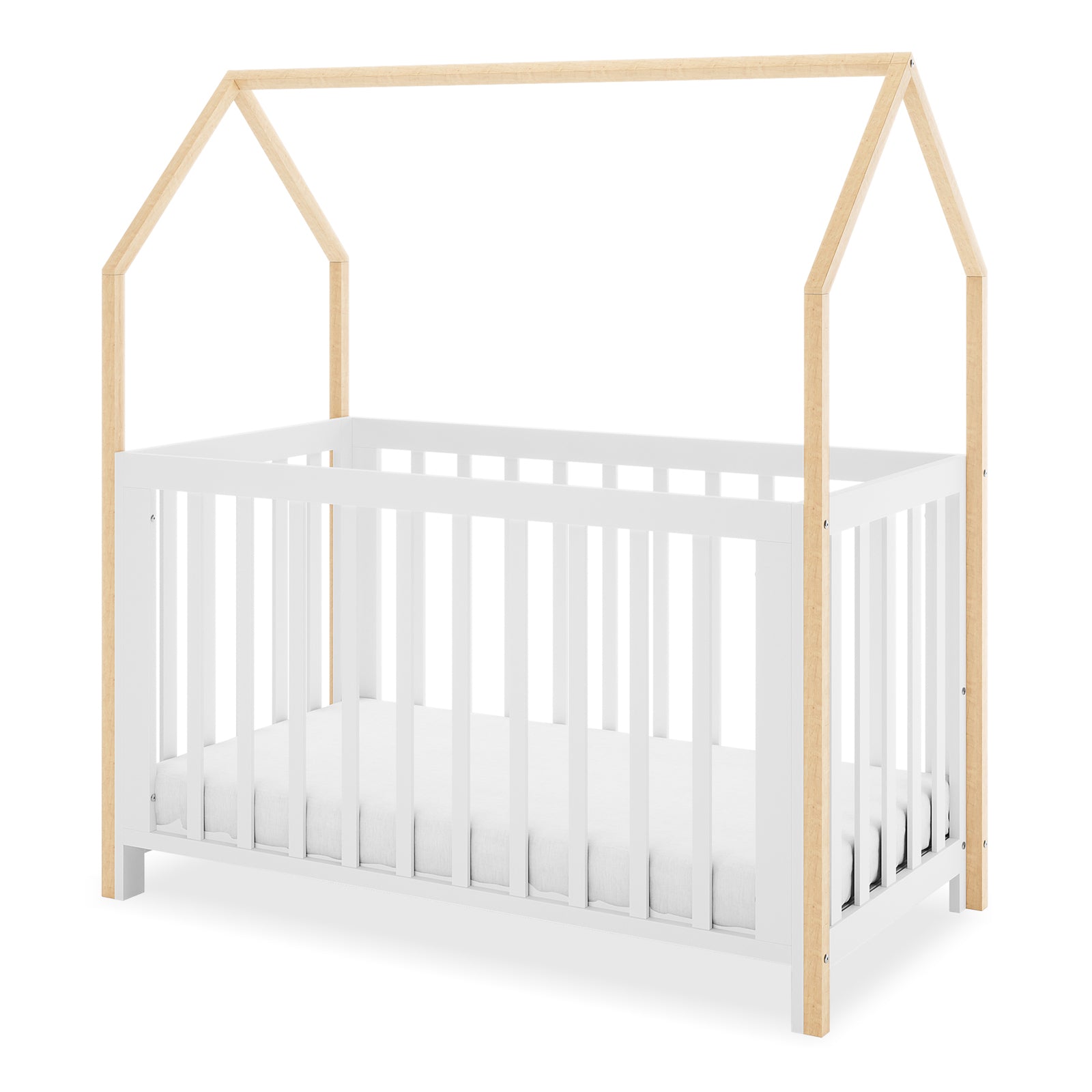 Damaris Adjustable Solid Wood Baby Cot in White & Natural, features a charming house-shaped frame with a white slatted base and natural wood posts forming a pitched roof design, perfect for imaginative nursery settings.