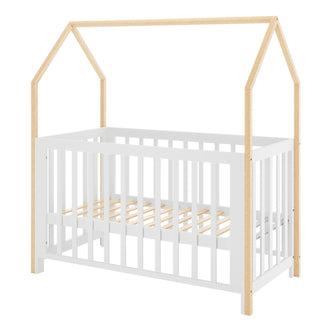Damaris Solid Pine Baby Cot Bed - White/Natural features a house-shaped frame with white slatted sides and natural wood uprights, offering a playful yet functional sleep space for infants and toddlers.