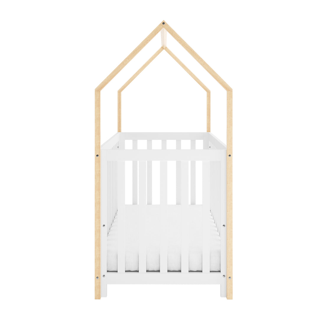 Damaris Solid Pine Baby Cot Bed - White/Natural features a white slatted crib with a natural wood, house-shaped frame, complete with a simple white mattress inside, forming a cozy, imaginative nursery ambiance.