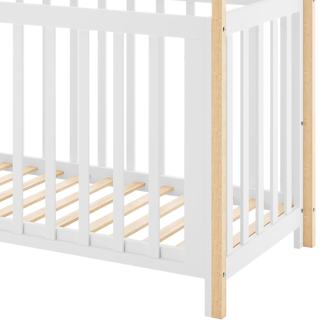Damaris Solid Pine Baby Cot Bed - White/Natural with house-shaped frame, featuring white wood slats and light-wood corner posts, designed for conversion from crib to toddler bed.