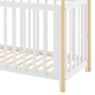 Damaris Solid Pine Baby Cot Bed - White/Natural with house-shaped frame, featuring white wood slats and light-wood corner posts, designed for conversion from crib to toddler bed.