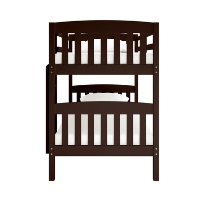 Close-up of the Dante 2-in-1 Solid Pine Timber Bunk Bed - Cappuccino, showcasing its sturdy pine construction, smooth finish, and convertible design with secure ladder and smooth edges for safety.