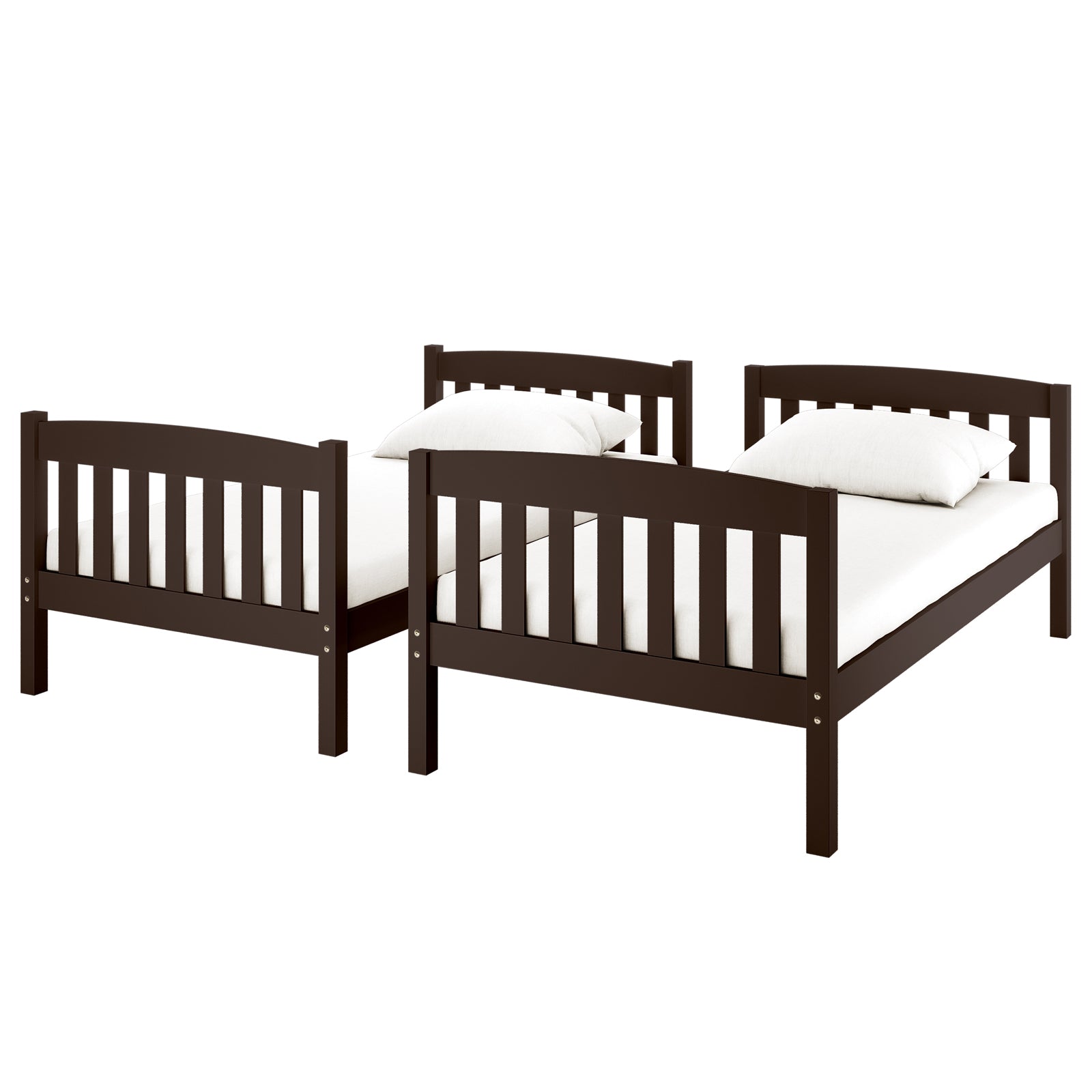 Dante 2-in-1 Solid Pine Timber Bunk Bed - Cappuccino: A brown wooden bunk bed with white pillows, showcasing its sturdy, convertible design for space efficiency and child-friendly features.