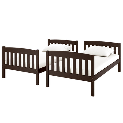 Dante 2-in-1 Solid Pine Timber Bunk Bed - Cappuccino: A brown wooden bunk bed with white pillows, showcasing its sturdy, convertible design for space efficiency and child-friendly features.