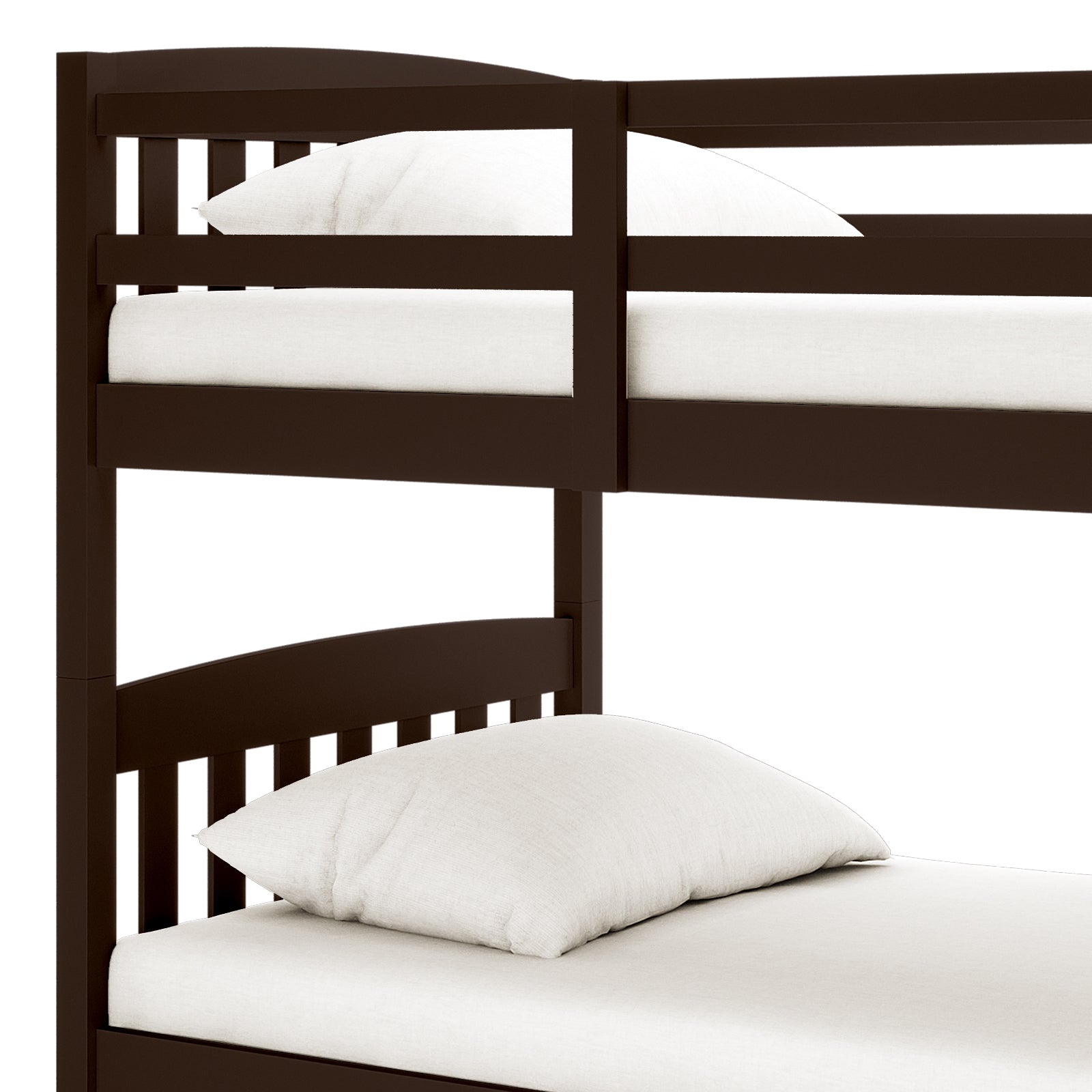 Dante 2-in-1 Solid Pine Timber Bunk Bed - Cappuccino shown with a white pillow on a bed, highlighting its sleek design and sturdy construction, ideal for maximizing space in a child's room.