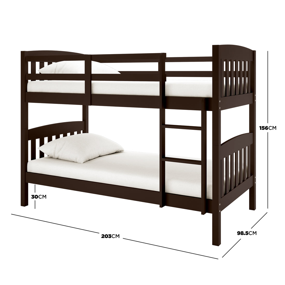 Dante 2-in-1 Solid Pine Timber Bunk Bed - Cappuccino, showcasing a sturdy pine frame with a secure ladder, designed for conversion into two single beds, highlighting its versatile and durable construction.