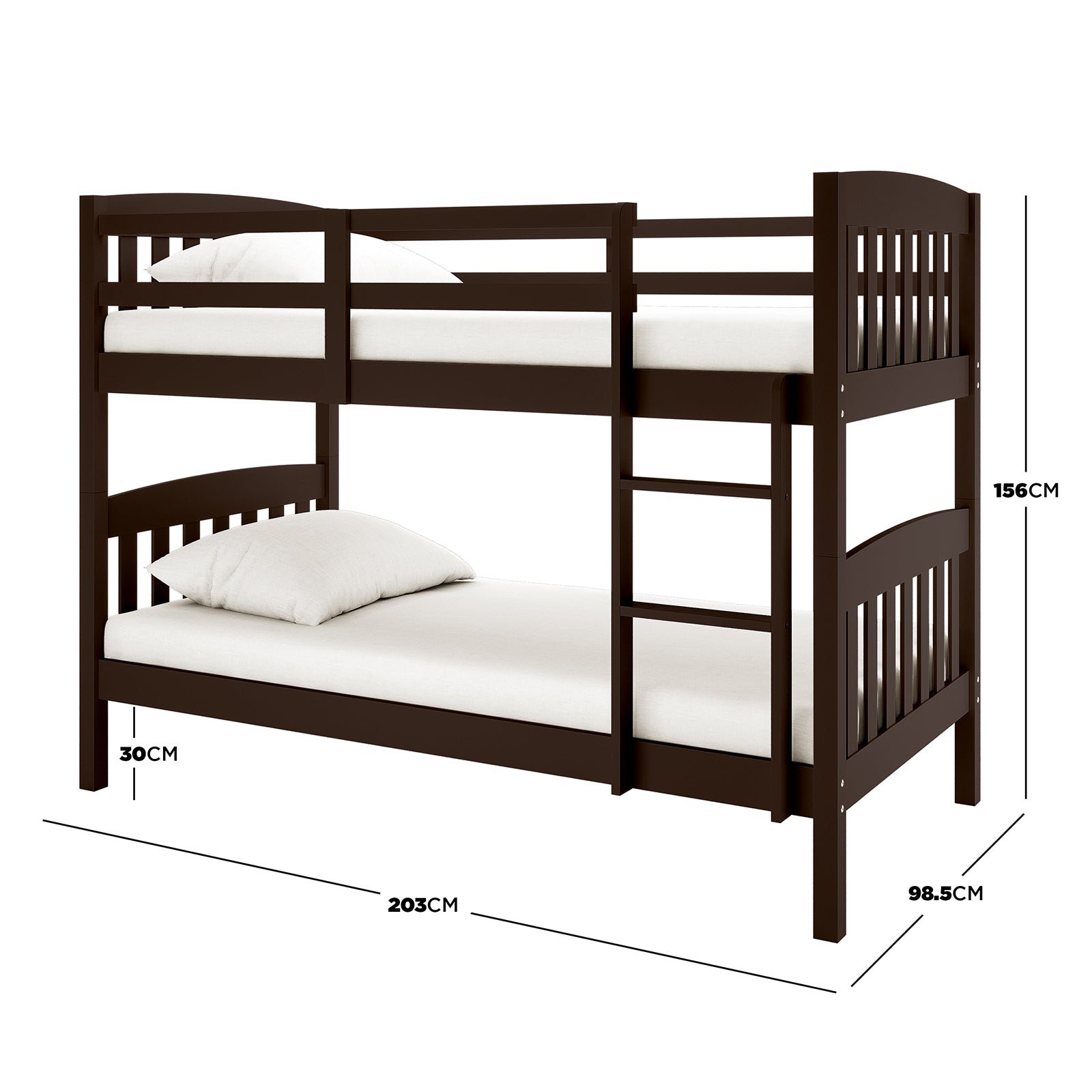 Dante 2-in-1 Solid Pine Timber Bunk Bed - Cappuccino, showcasing a sturdy pine frame with a secure ladder, designed for conversion into two single beds, highlighting its versatile and durable construction.