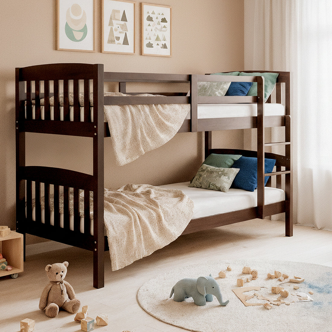 Dante 2-in-1 Solid Pine Timber Bunk Bed in Cappuccino features a dark-wood frame with warm white fairy lights, showcasing a cozy children's room with plush toys and a teal beanbag chair.
