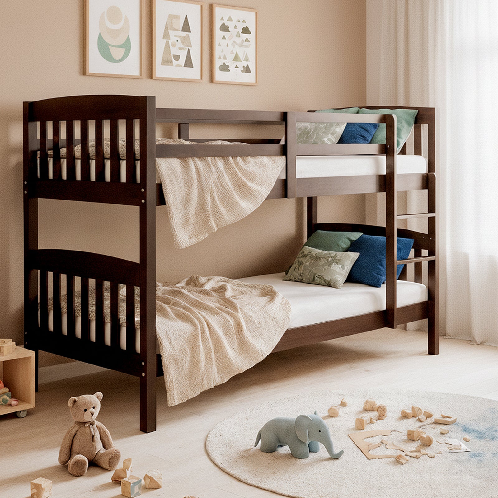 Dante 2-in-1 Solid Pine Timber Bunk Bed in Cappuccino features a dark-wood frame with warm white fairy lights, showcasing a cozy children's room with plush toys and a teal beanbag chair.