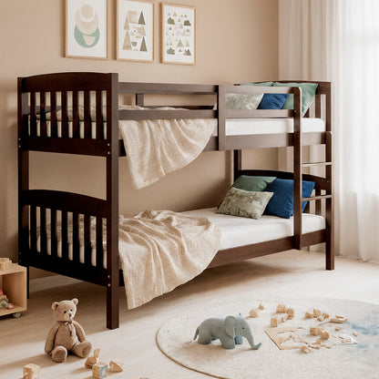 Dante 2-in-1 Solid Pine Timber Bunk Bed in Cappuccino features a dark-wood frame with warm white fairy lights, showcasing a cozy children's room with plush toys and a teal beanbag chair.