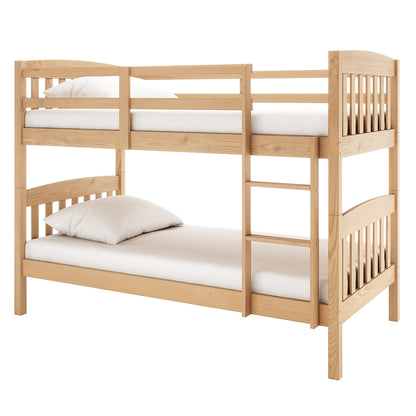Dante 2-in-1 Solid Pine Timber Bunk Bed - Natural, showcasing its sturdy pine frame and secure ladder, designed for conversion into two single beds, ideal for maximizing space in a child's room.