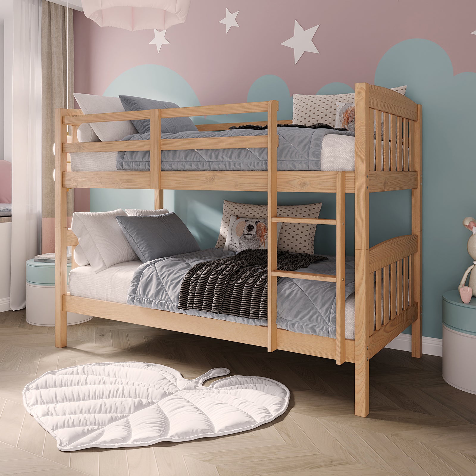 Dante 2-in-1 Solid Pine Timber Bunk Bed - Natural shown as a sturdy, space-saving bed frame with a secure ladder and smooth edges, ideal for children's rooms, adaptable into two single beds.
