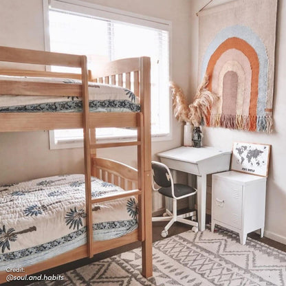 Dante 2-in-1 Solid Pine Timber Bunk Bed - Natural shown in a room setting, featuring a sturdy ladder, smooth edges, and a natural wood finish, ideal for maximizing space and versatility.