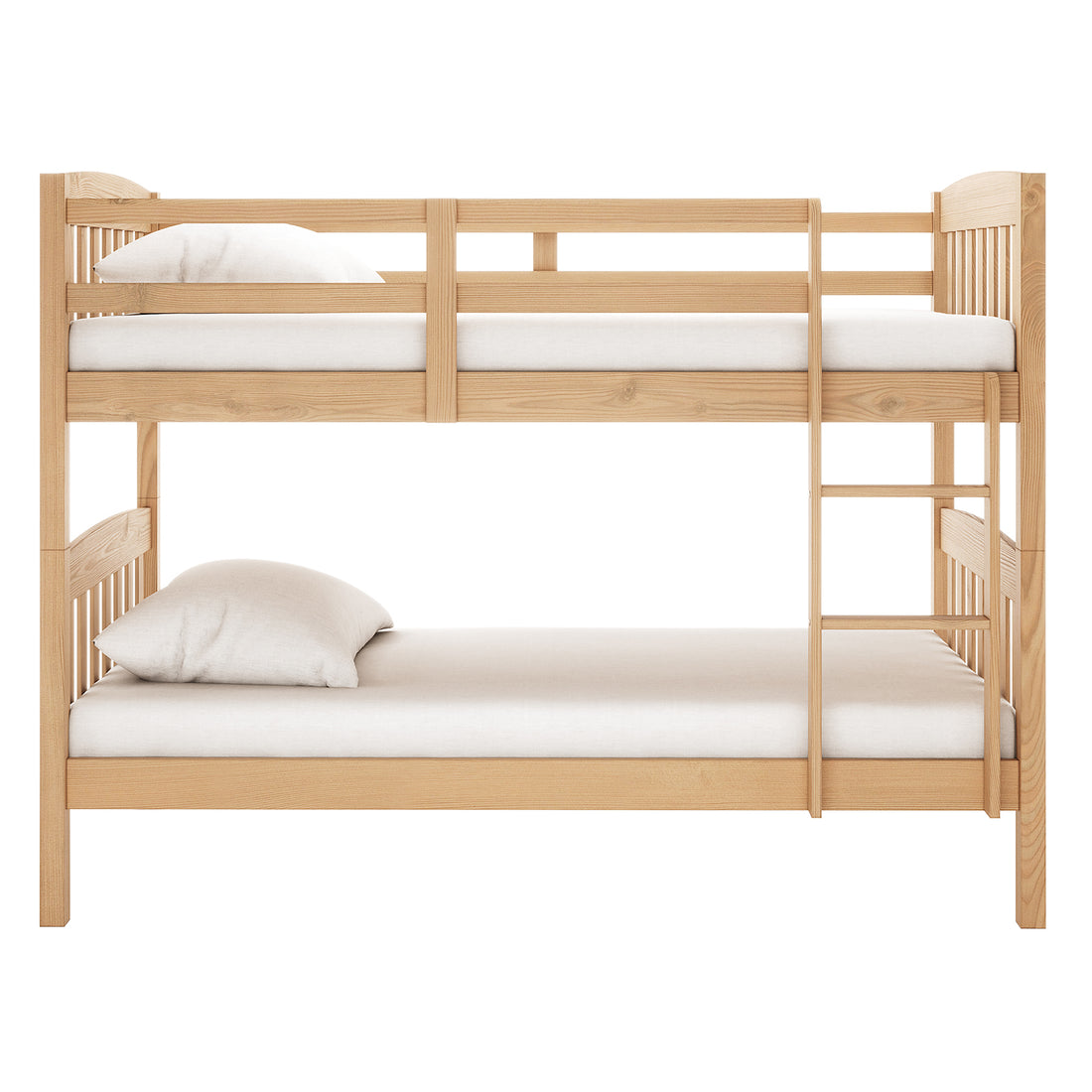 Dante 2-in-1 Solid Pine Timber Bunk Bed - Natural, featuring a sturdy pine frame, visible smooth edges, a secure ladder, and convertible design, displayed with a white pillow on a bunk bed.
