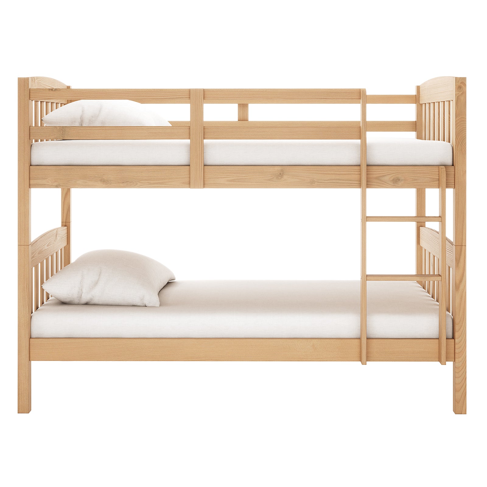 Dante 2-in-1 Solid Pine Timber Bunk Bed - Natural, featuring a sturdy pine frame, visible smooth edges, a secure ladder, and convertible design, displayed with a white pillow on a bunk bed.