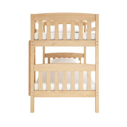 Dante 2-in-1 Solid Pine Timber Bunk Bed - Natural, featuring a close-up of the wooden headboard and sturdy frame, with white pillows on the top bunk, showcasing its convertible and space-saving design.