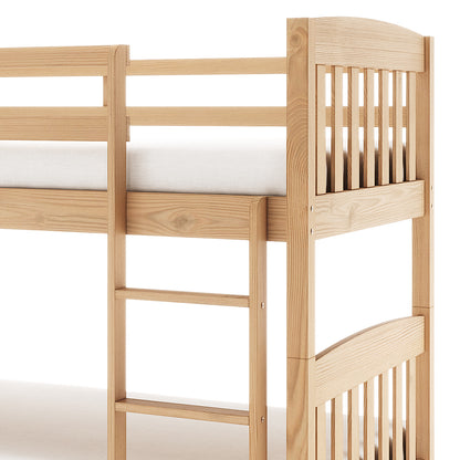 Dante 2-in-1 Solid Pine Timber Bunk Bed - Natural, showcasing a close-up of its robust wooden slats and intricate wood grain, highlighting the natural pine finish and solid construction.