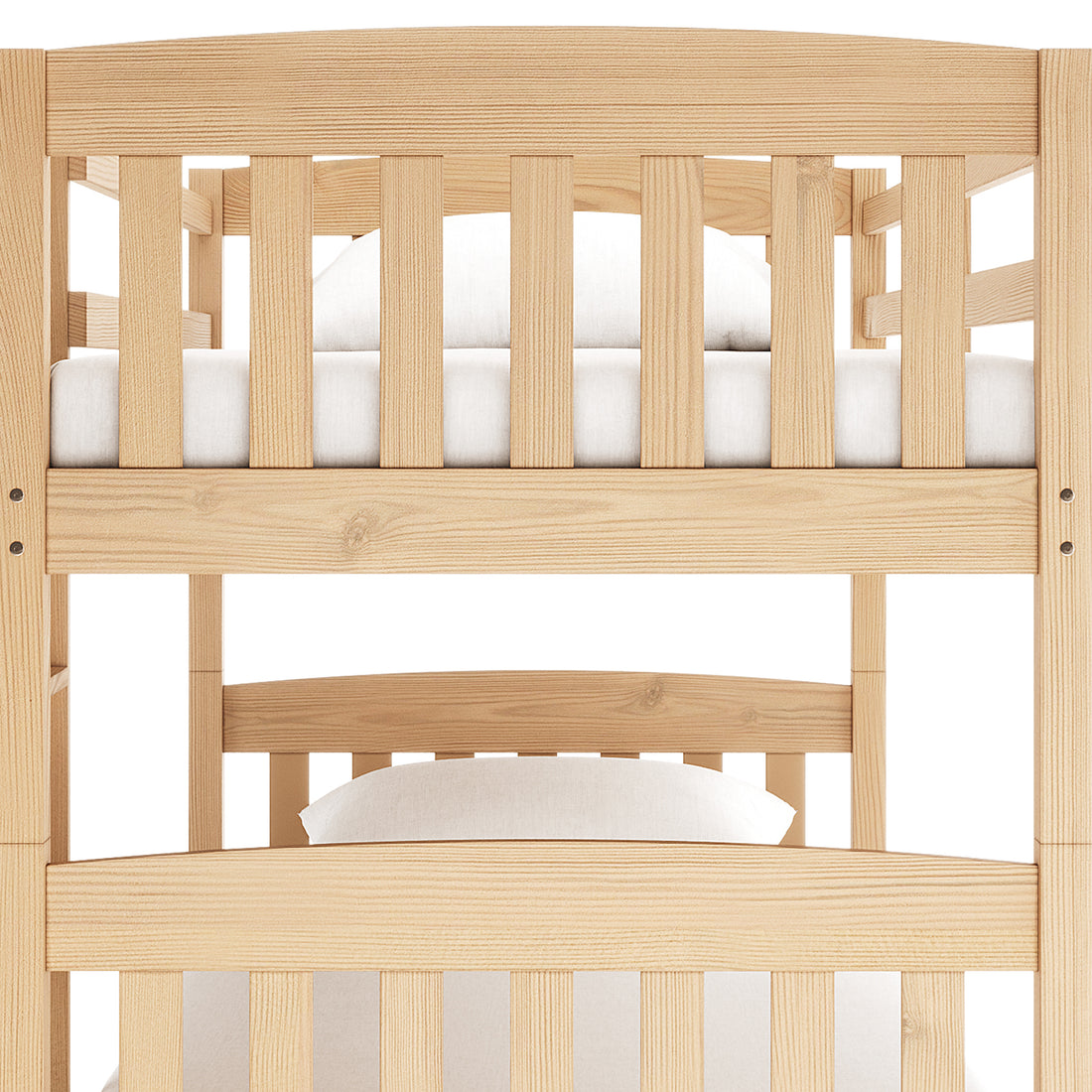 Dante 2-in-1 Solid Pine Timber Bunk Bed - Natural, featuring a wooden frame with smooth edges, a secure ladder, and white pillow. Convertible design offers versatility for growing children's rooms.