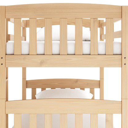 Dante 2-in-1 Solid Pine Timber Bunk Bed - Natural, featuring a wooden frame with smooth edges, a secure ladder, and white pillow. Convertible design offers versatility for growing children's rooms.
