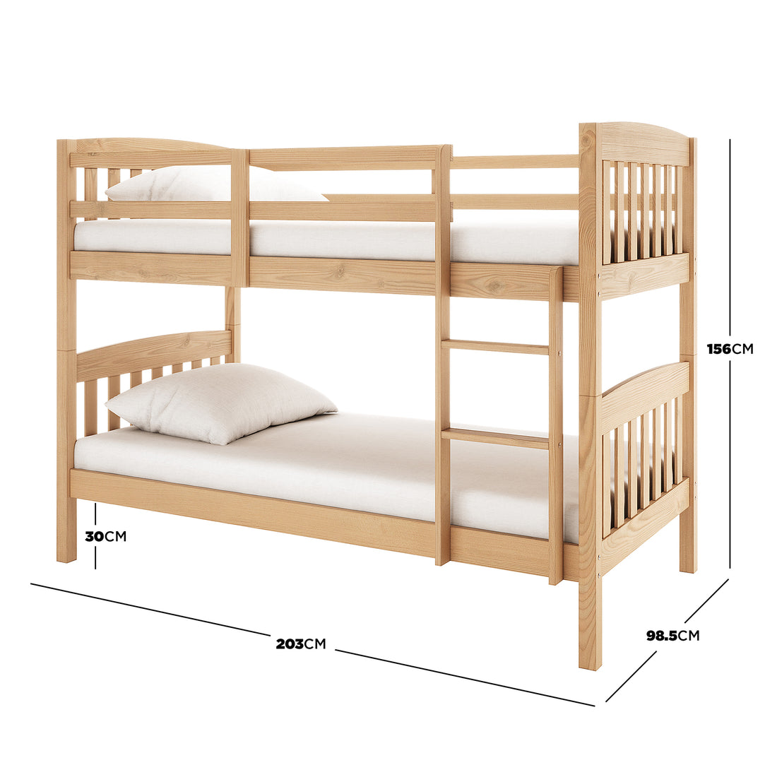 Dante 2-in-1 Solid Pine Timber Bunk Bed - Natural shown with a white pillow on top, highlighting its robust wooden frame and versatile design suitable for children's evolving bedroom needs.