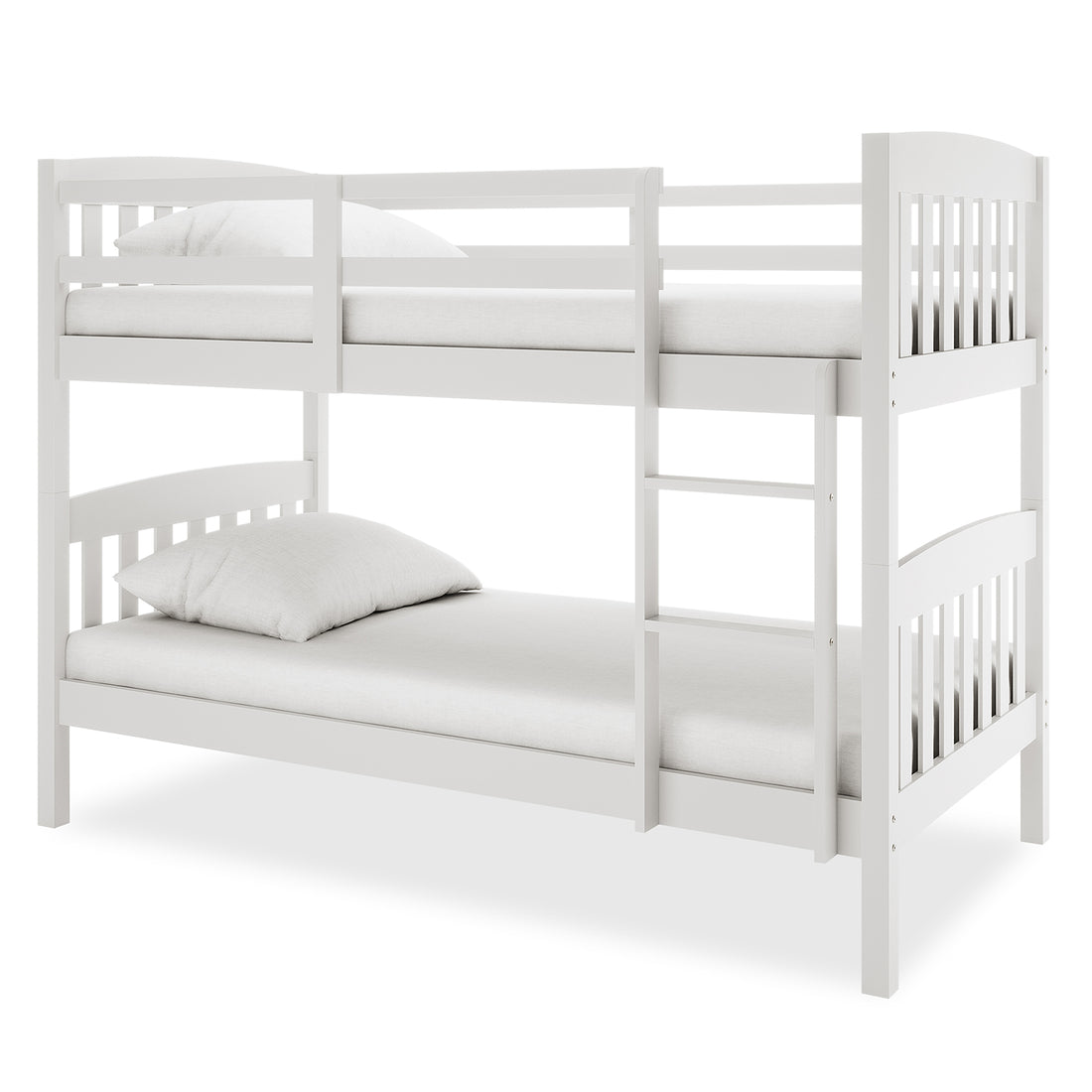 Dante 2-in-1 Solid Pine Timber Bunk Bed - White, featuring a clean design with a sturdy step ladder, smooth edges, and two white pillows, showcasing its versatile ability to convert into two single beds.